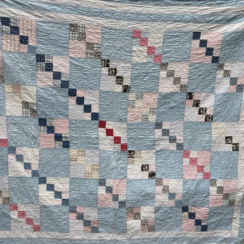 Vintage Hand Quilted Patchwork Quilt Full Blue Pink Cottage Farmhouse Cotton